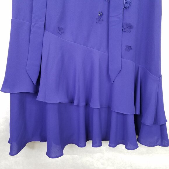 Karen Millan Mini Dress Sz 6 Floral Applique Beads Taffeta Purple Ruffle Tiered - Picture 3 of 16